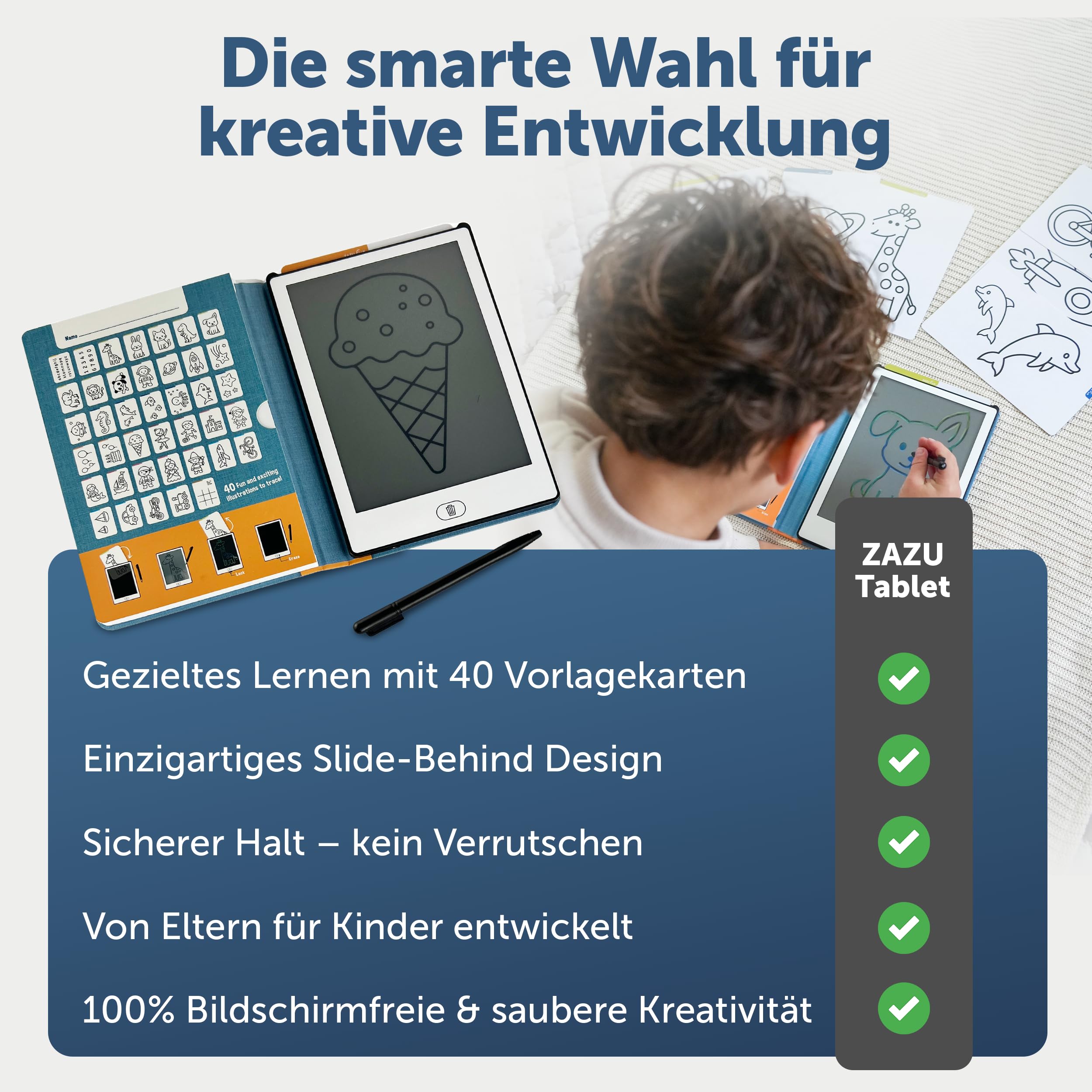 Zazu LCD Zeichentablet Kinder 8,5 Zoll mit 40 Vorlagenkarten & Stift – Maltablet mit Löschfunktion und Sperrtaste – Kreatives Lernspielzeug für Zuhause & unterwegs