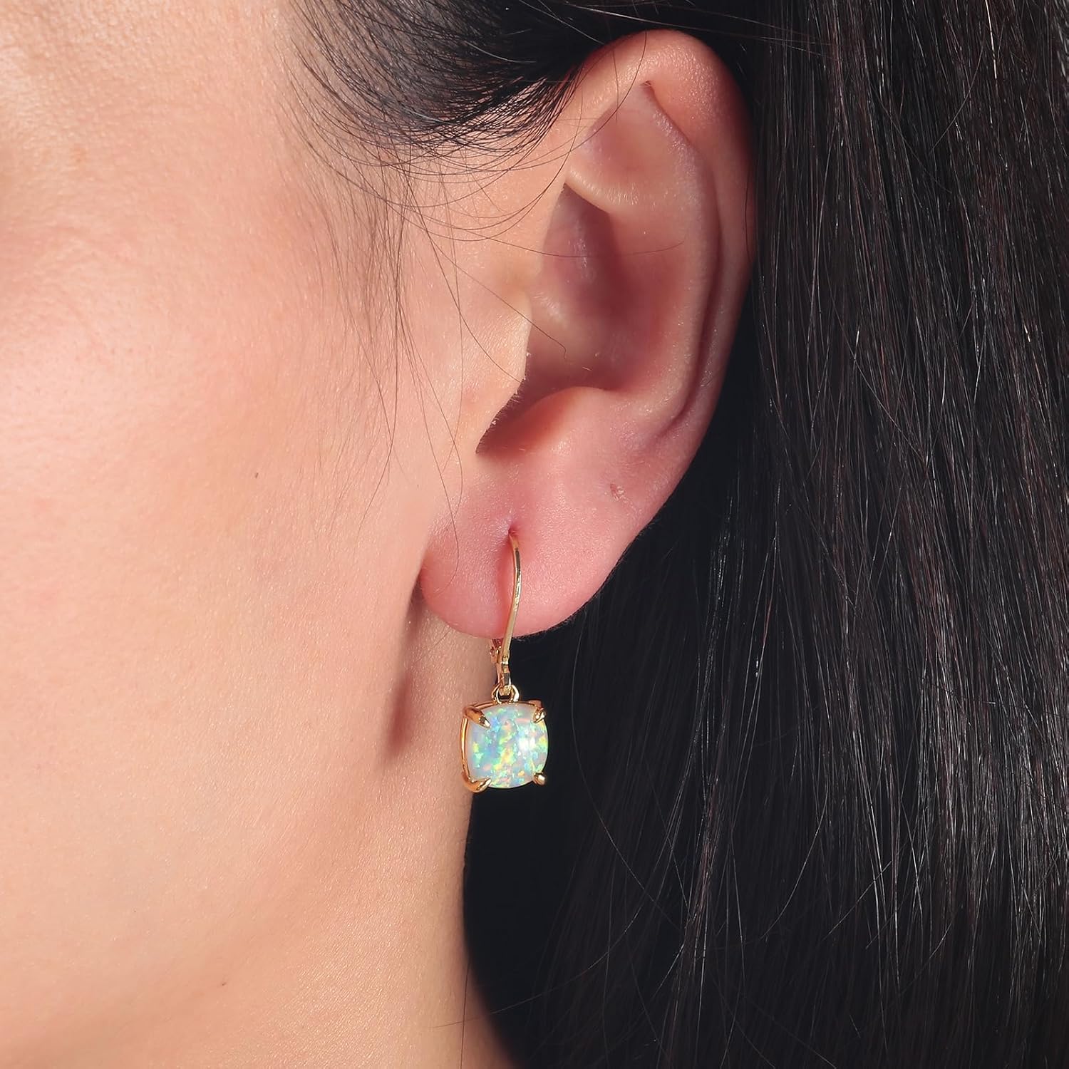 CiNily Square-Cut Opal Earrings Leverback Drop Earrings for Women Hypoallergenic, Pendant Earrings 14K White Gold/Gold Dangle Earrings Opal Hoops Birthday Wedding Mothers Day Jewelry Gifts - Image 2