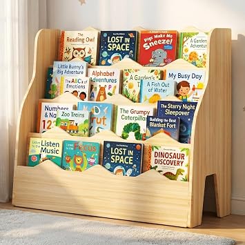4 Tier Montessori Kids Bookshelf, Wooden Front Facing Book Shelf for Kids Room, 31.5" W x 23.6" H Toddler Bookcase for Picture Books, Nursery Storage Organizer for Bedroom Playroom Classroom