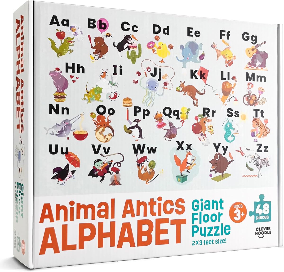 Animal Antics Alphabet Puzzle – Rompecabezas gigante de piso ABC para niños de 3 a 5 años, rompecabezas de aprendizaje del alfabeto grande de 48 piezas, 2x3 pies, juguetes preescolares y de jardín de infantes para niños