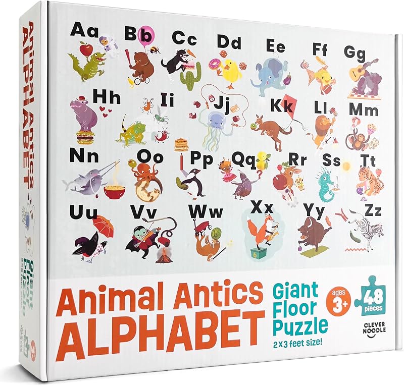 Animal Antics Alphabet Puzzle – Rompecabezas gigante de piso ABC para niños de 3 a 5 años, rompecabezas de aprendizaje del alfabeto grande de 48 piezas, 2x3 pies, juguetes preescolares y de jardín de infantes para niños
