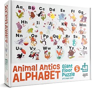 Animal Antics Alphabet Puzzle – Rompecabezas gigante de piso ABC para niños de 3 a 5 años, rompecabezas de aprendizaje del alfabeto grande de 48 piezas, 2x3 pies, juguetes preescolares y de jardín de infantes para niños