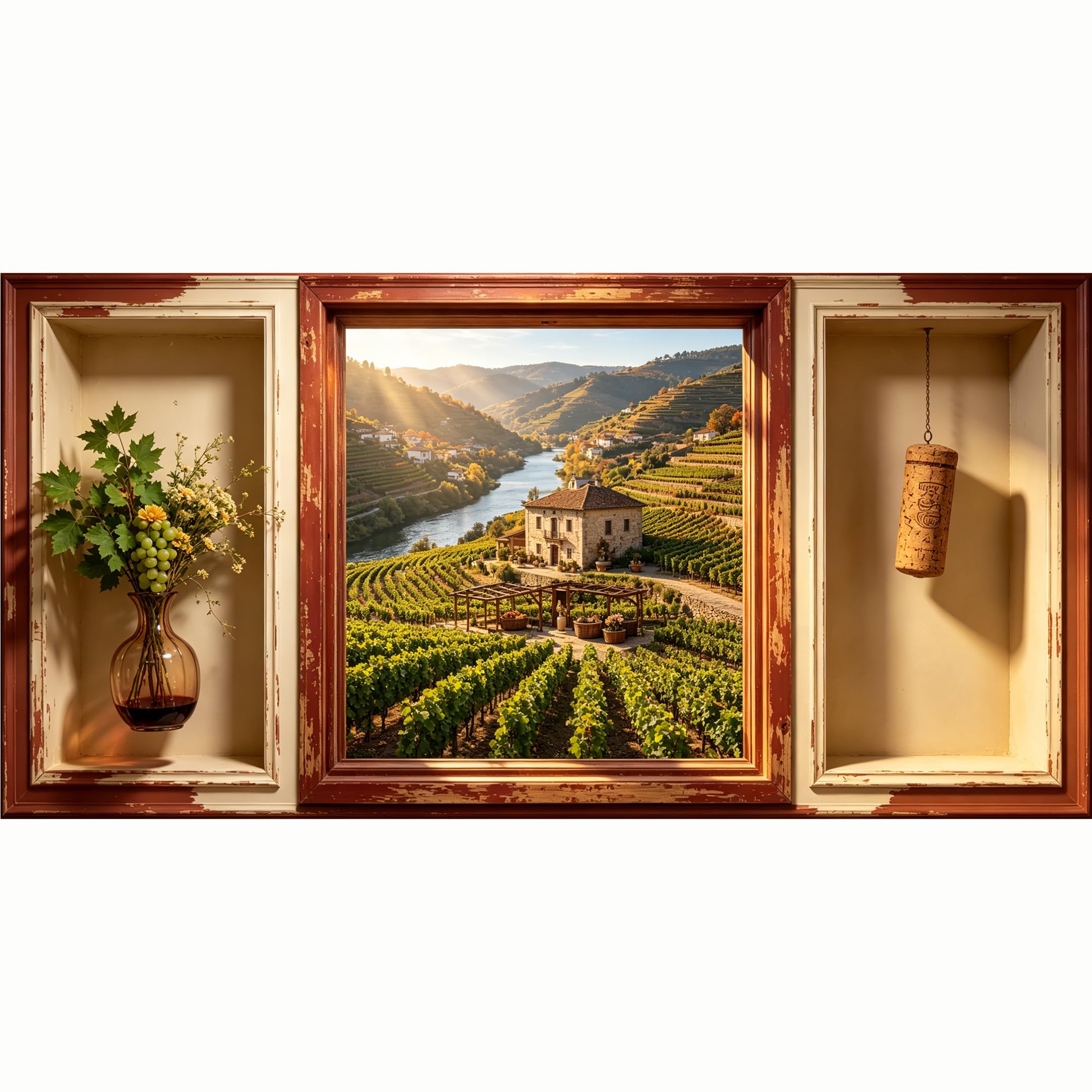 QZLITHOTIC 50x100cm 3D Framed Wall Art， Tuscany Vineyard Landscape Farmhouse Style SelfAdhesive Mural， WaterActivated Peel & Stick Fabric Decor Wall Decal for Bedroom Living Room