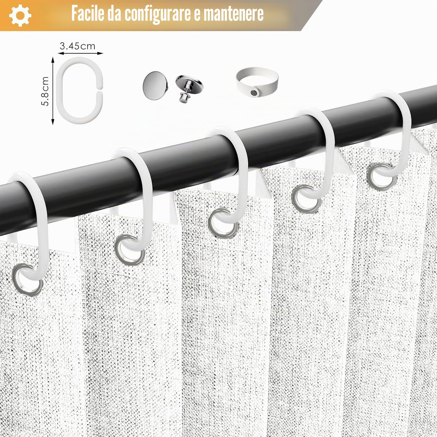 Tenda da Doccia Magnetica Pieghevole per Bagno, Lino Spesso con Ganci - Adatta per vasche da Bagno- W180xH200cm-White