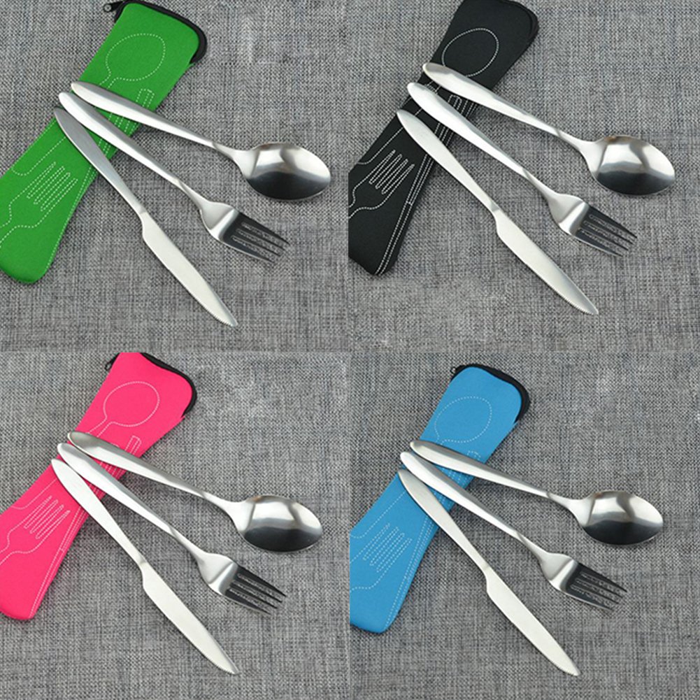Set 4 Pezzi Posate Da Campeggio In Acciaio Inox - Forchetta, Coltello, Cucchiaio + Portaposate | Per Picnic E Viaggi