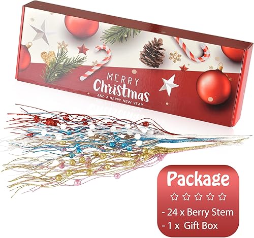 Miniatura 2 de Losris Decoración de tallos de bayas artificiales con purpurina para Navidad, palitos decorativos de cuentas, ramas brillantes para árbol de