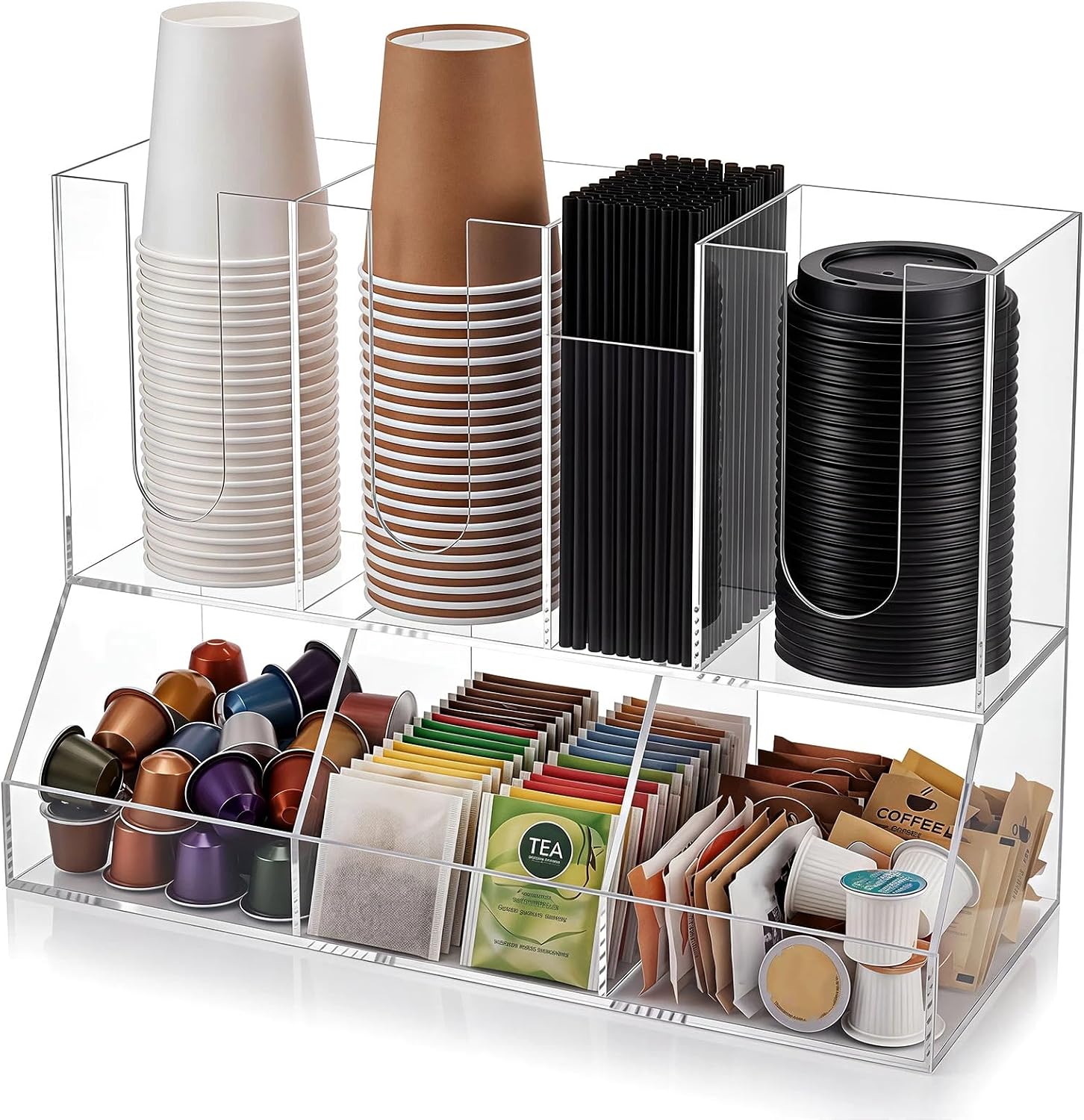 Geelin 18oz Adjustable Coffee Cup Dispenser, Acrylic Coffee Cup and Lid Storage Organizer for Storing Paper Cups, Straws, Lids and Disposable Tableware(4-compartment Double-layer, Clear)