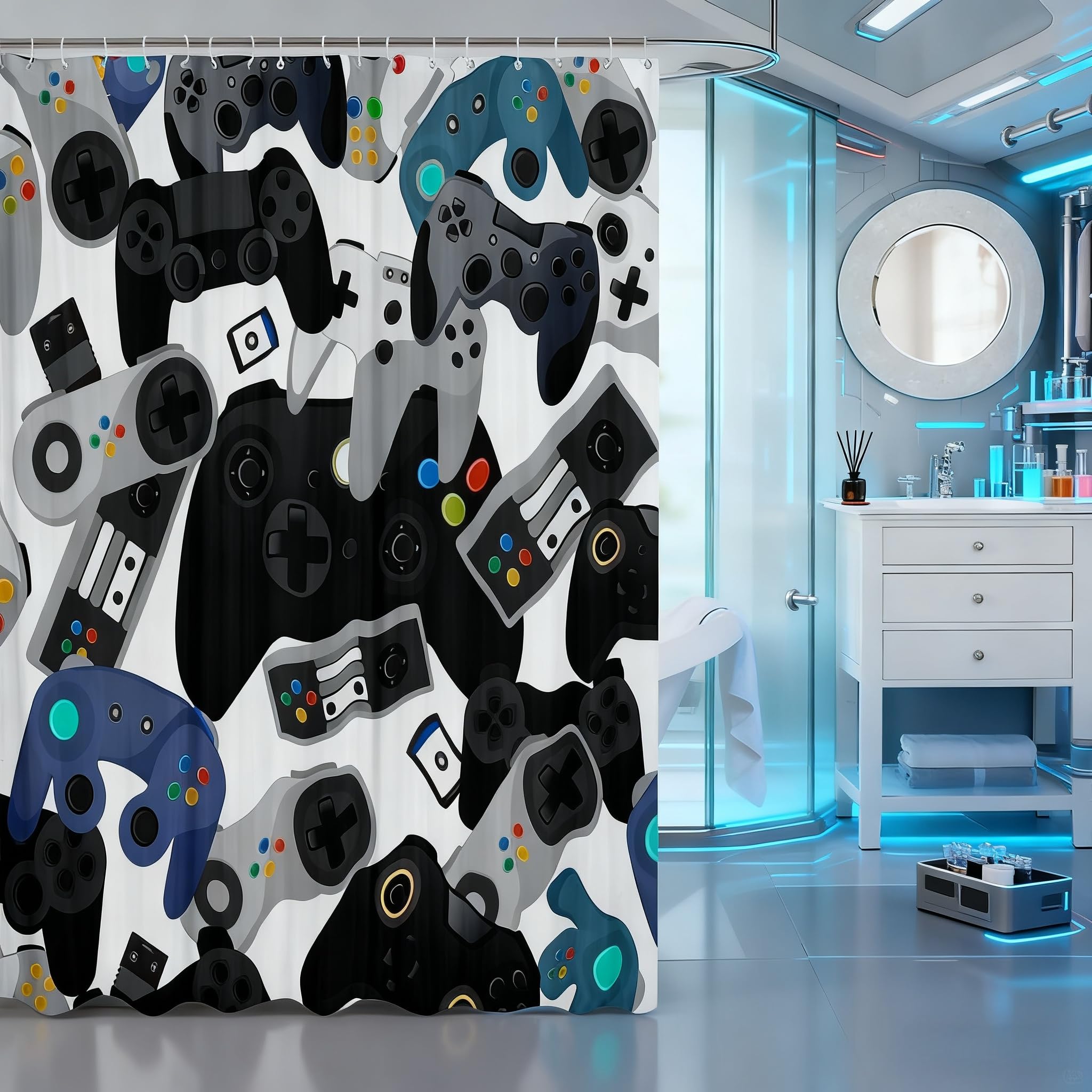 Castle Fairy Gamer Shower Curtain,Watercolor Gamepad Bath Curtain Kids Teen Boys Gaming Bath Curtain,Video Games Room Shower Curtain,with 12 Holes,Red