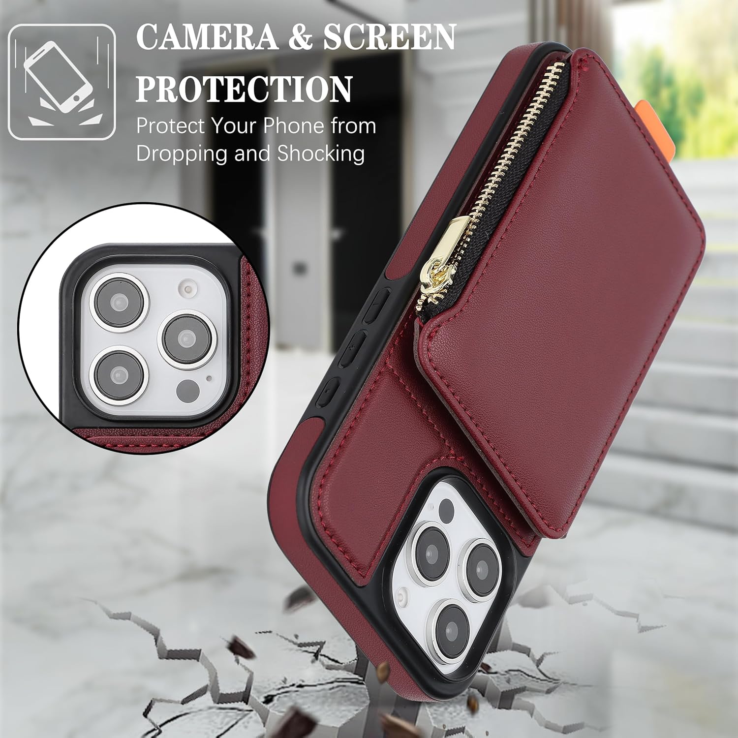 GUERNICA for iPhone 16 Pro Wallet Case with Card Holder, RFID Blocking PU Leather Case for Men and Women, Wrist Strap Zipper Credit Card Slot for Apple 16 Pro 6.3" Phone Case, Wine Red - Image 6