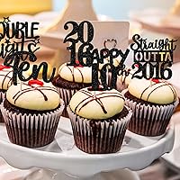 Vista 7 de 30 piezas de decoraciones para pastel de cumpleaños número 10, decoraciones de cupcakes negras con brillo, 10 feliz cumple, directo desde 2016, 10