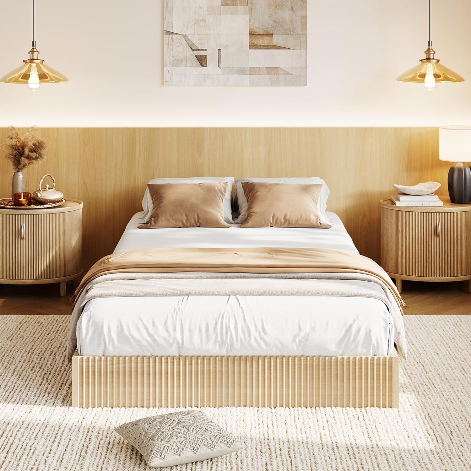 IDEALHOUSE Wood Bed Frame, Wooden Platform Bed with Fluted Design, Twin XL Bed Frame with Study Support, Easy Assembly, No Box Spring Needed, Noise Free, Oak