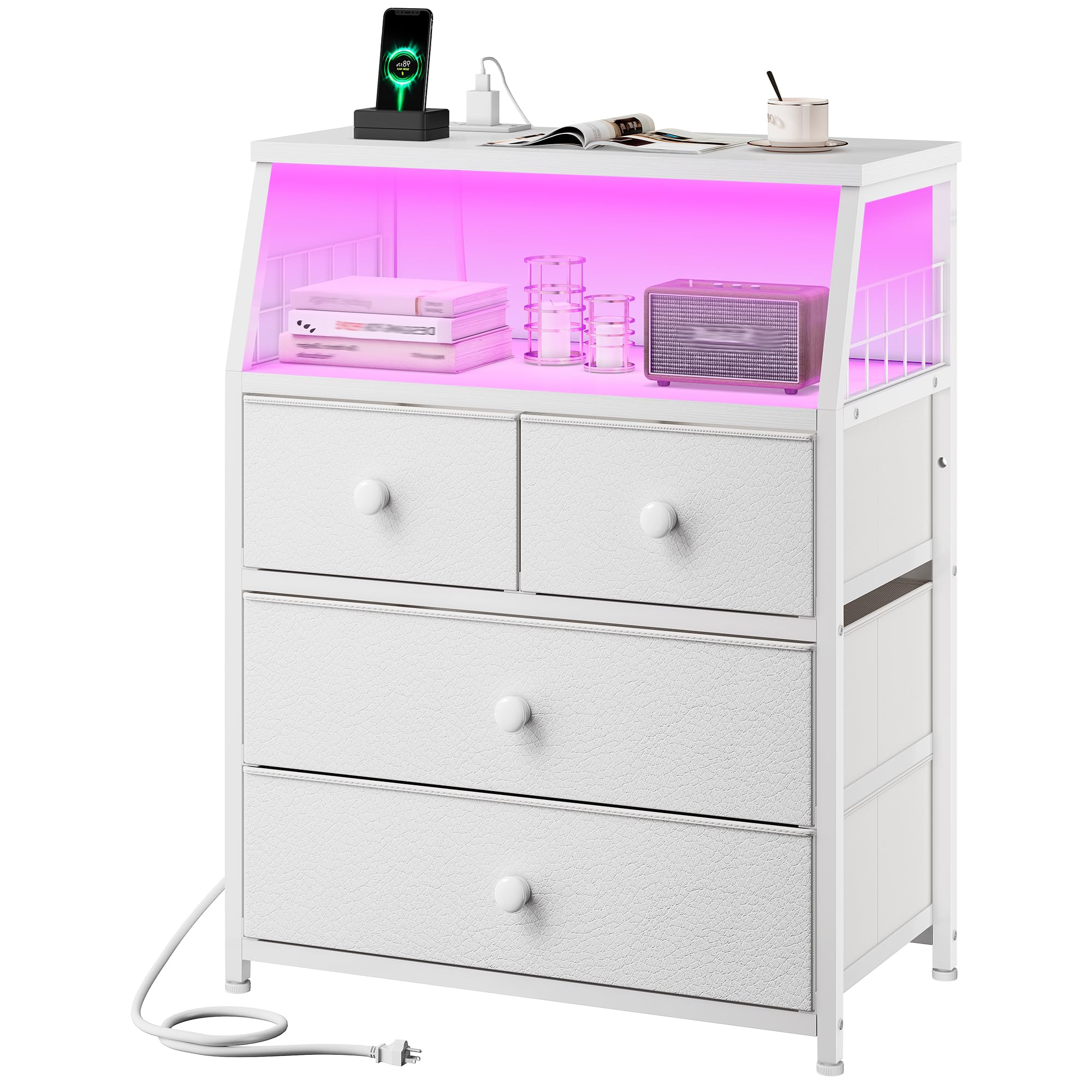 EnHomee 21.8" W White Nightstand with Charging Station & LED Lights, Bedside Table with 4 Fabric Drawers, Night Table with Safety Netting Open Wood
