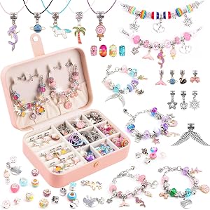 UFU Charm Bracelet Making Kit - Girls 120 Pcs DIY Beaded Jewelry Making Kit, Unicorn & Mermaid Gifts for Girls Ages 5-12, with Adjustable Bracelet Organizer Box