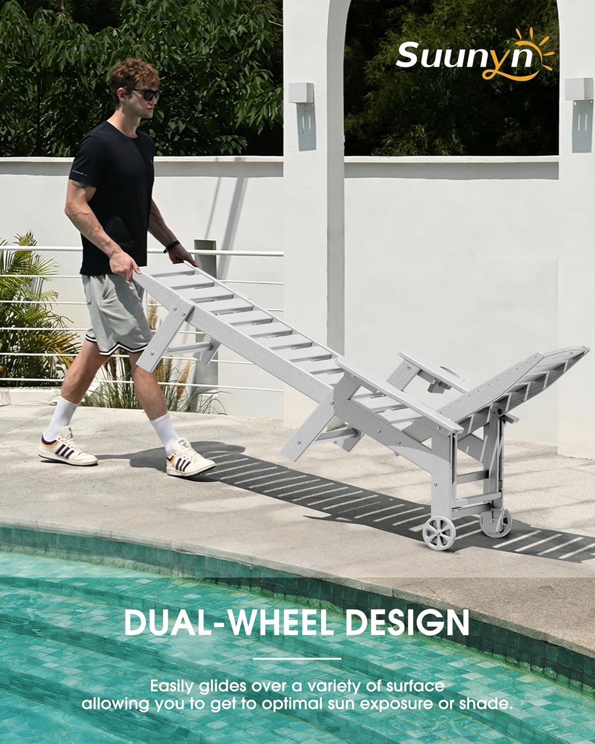 Chaise Lounge Outdoor, Lounge Chair Outdoor with Wood Texture, Adjustable 5-Position Backrest, HDPE Lounge Chair with Wheels & Cup Holder for Pool Deck Backyard, White