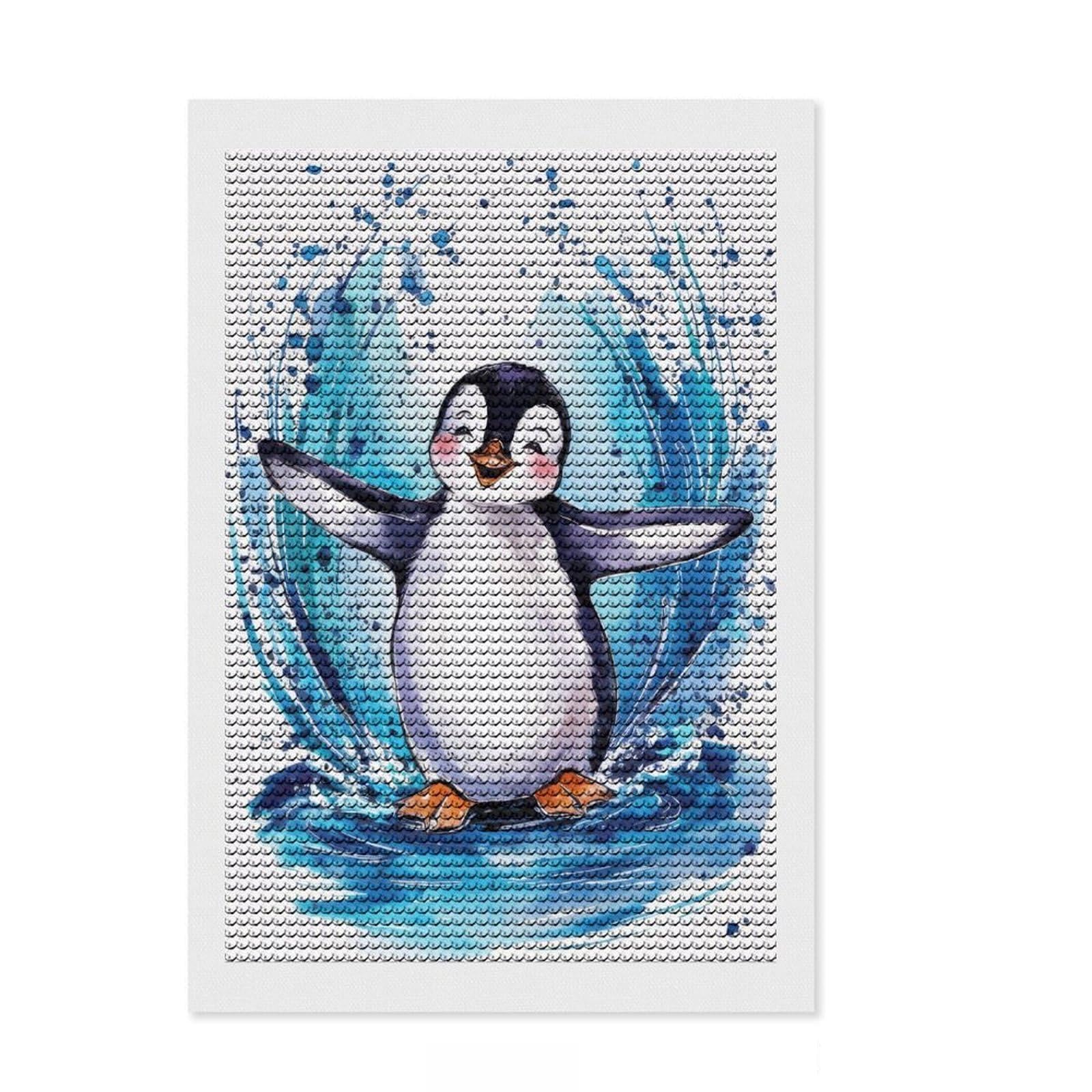 Junmoney Penguin Animal DIY Diamond Art Canvas Kit 8"x12", for Teens, Neat Printed Canvas, Thoughtful Handmade Gift, Cosy Home Accent