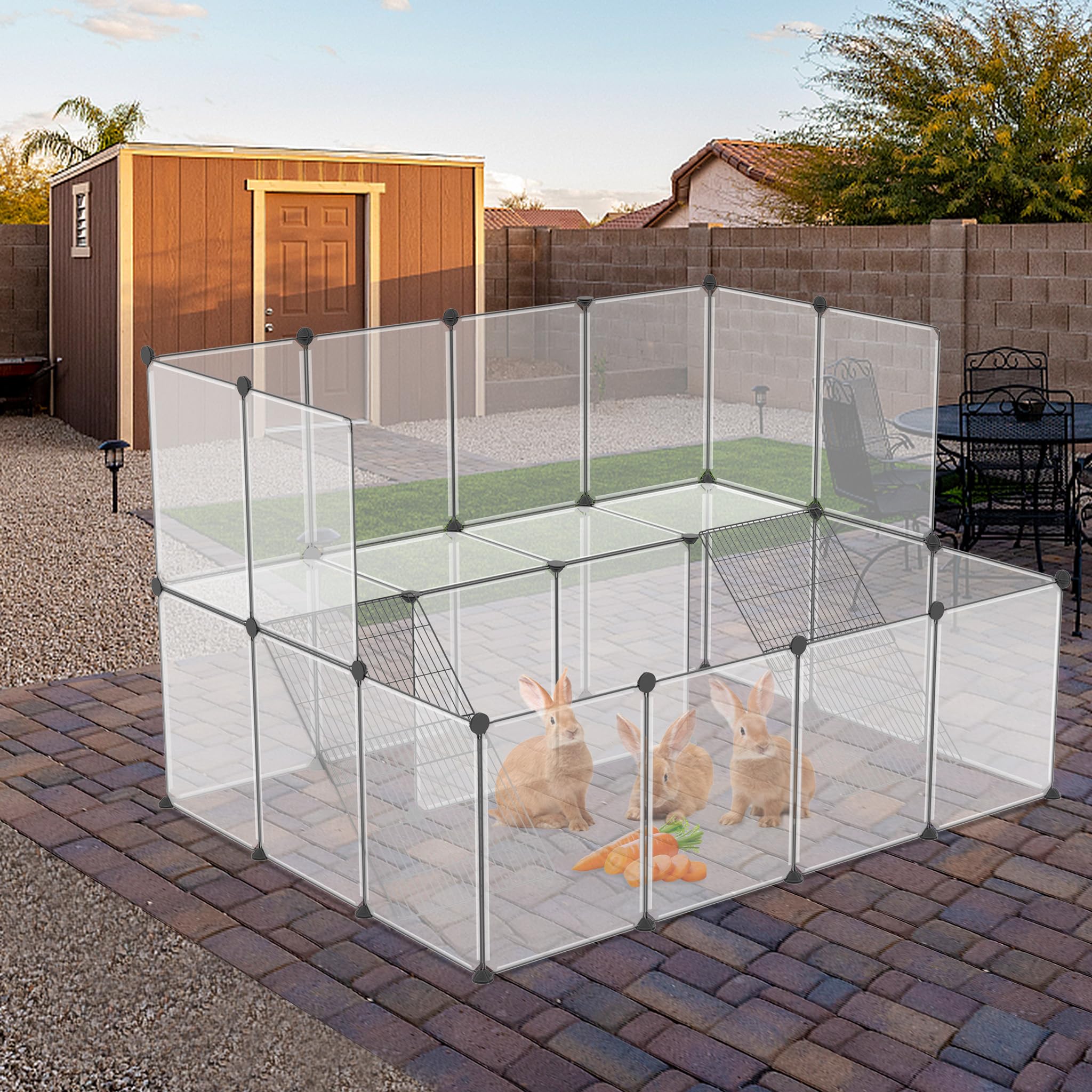 NAIZY Parque al aire libre, 26 unidades, 143 x 108 x 93 cm, color blanco, para animales pequeños, 35 x 45 cm, por pieza, ampliable para conejos, con escalera de rejilla