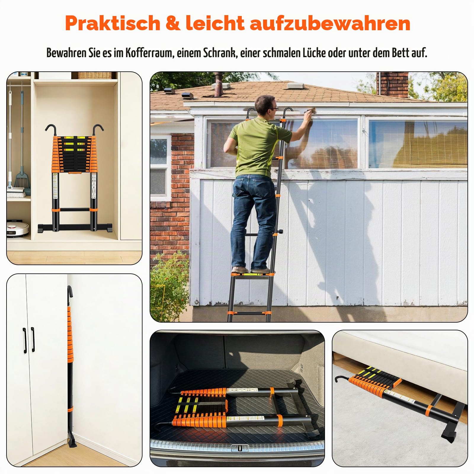 5M Teleskopleiter Ausziehbar Klappleiter Mehrzweckleiter Stehleiter | Rutschfester Tragbar Leiter für Hause, Wohnmobil und Freien, Tragkraft 150 kg