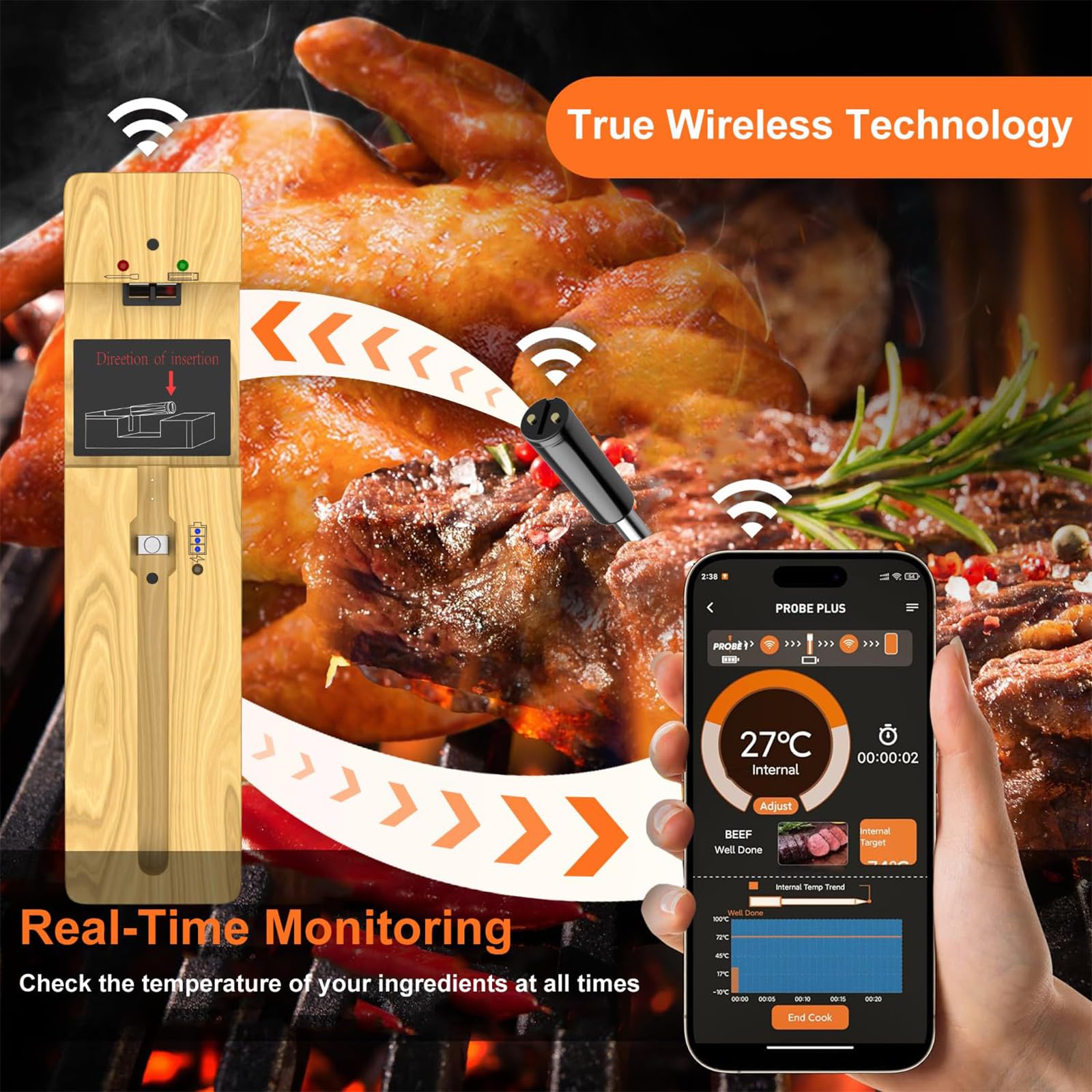 WEETIEE Jusqu'à 100m Longue Portée Thermomètre à Viande numérique sans fil Thermometre Cuisine Bluetooth intelligent Thermomètre de Barbecue Contrôle par App, Poignée en Céramique, pour Grill,four
