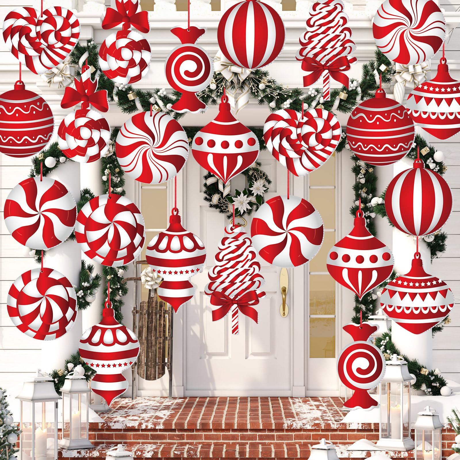 Soaoo24 Pcs Christmas Hanging Ornaments for Yard Decorations Double Sided Christmas Ball Candy Ornaments Decorations for Xmas Tree Indoor Outdoor (Candy Style)