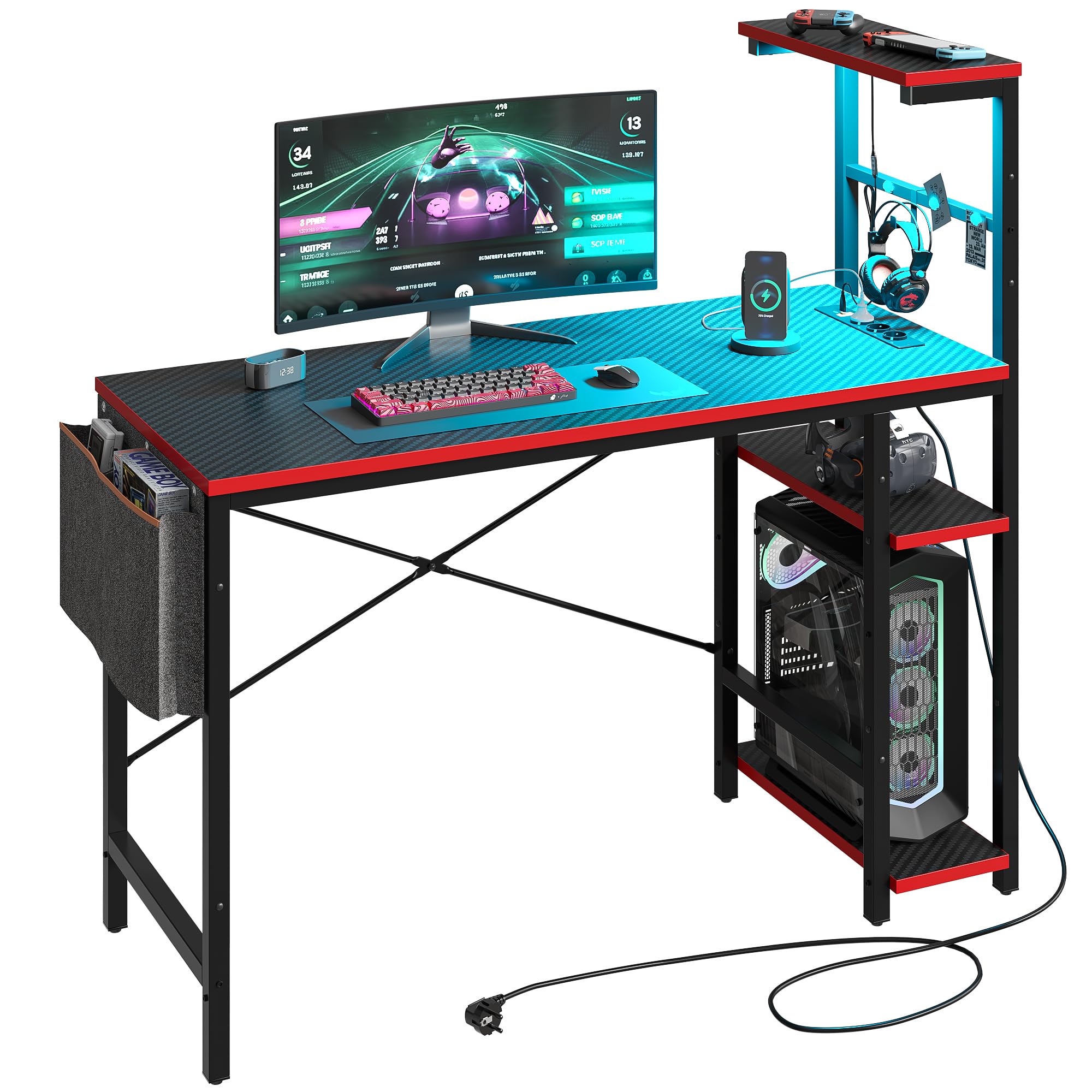 Bestier Scrivania Gaming con Prese Elettriche Integrate - Tavolo da Gioco Ergonomico con con ganci per cuffie, Illuminazione LED RGB, piccolo spazio, per Gamer Professionisti, nero fibra