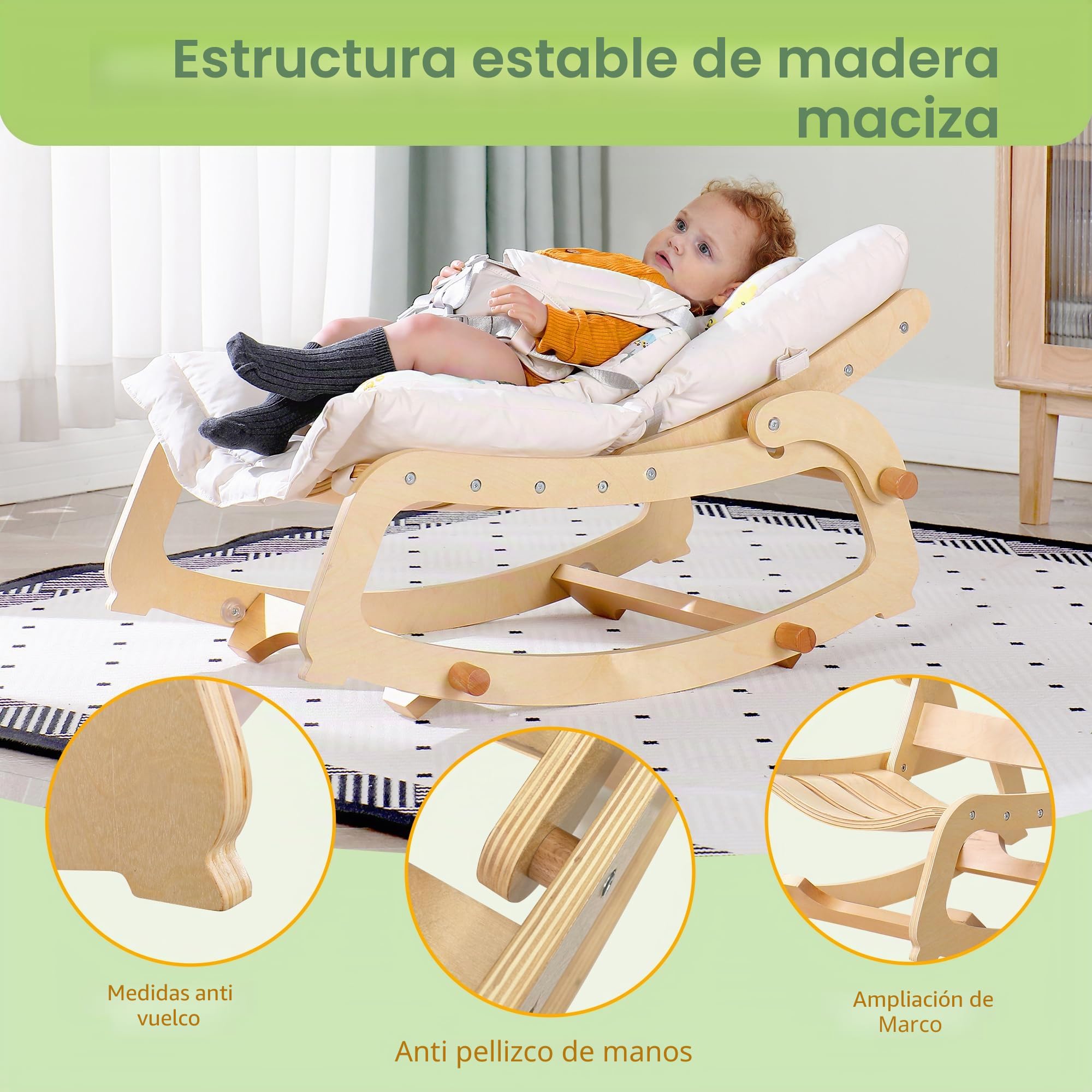 MALLBEST Balancín 3 en 1 con doble acolchado, para bebés de 0 a 12 meses, ajustable, de madera, para bebés y niños pequeños (beige)