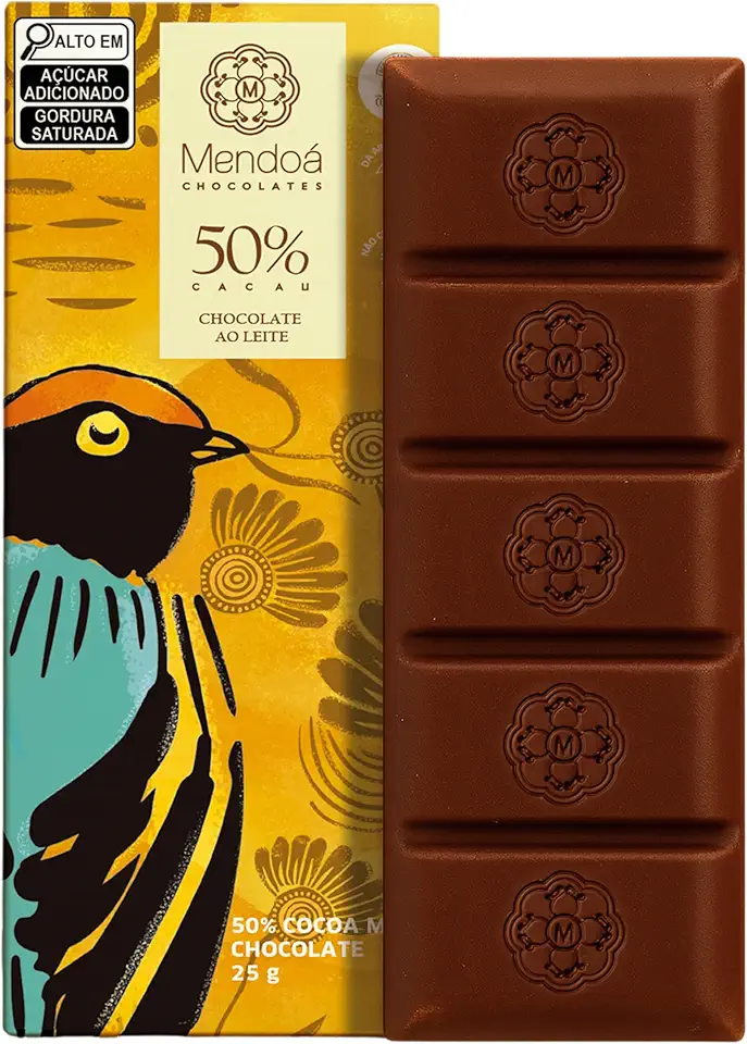 Mendoá, Barra de chocolate premium 50% de cacau ao leite, Brasilis, 25 gramas