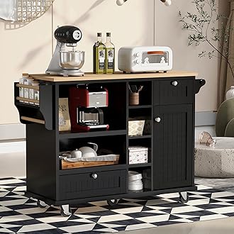 Versatile Mobile Kitchen Cart with Storage Cabinet and Microwave Cabinet,2 Locking Wheels and Open Shelf,for Kitchen Room,Dining Room, Bathroom (Black#C)