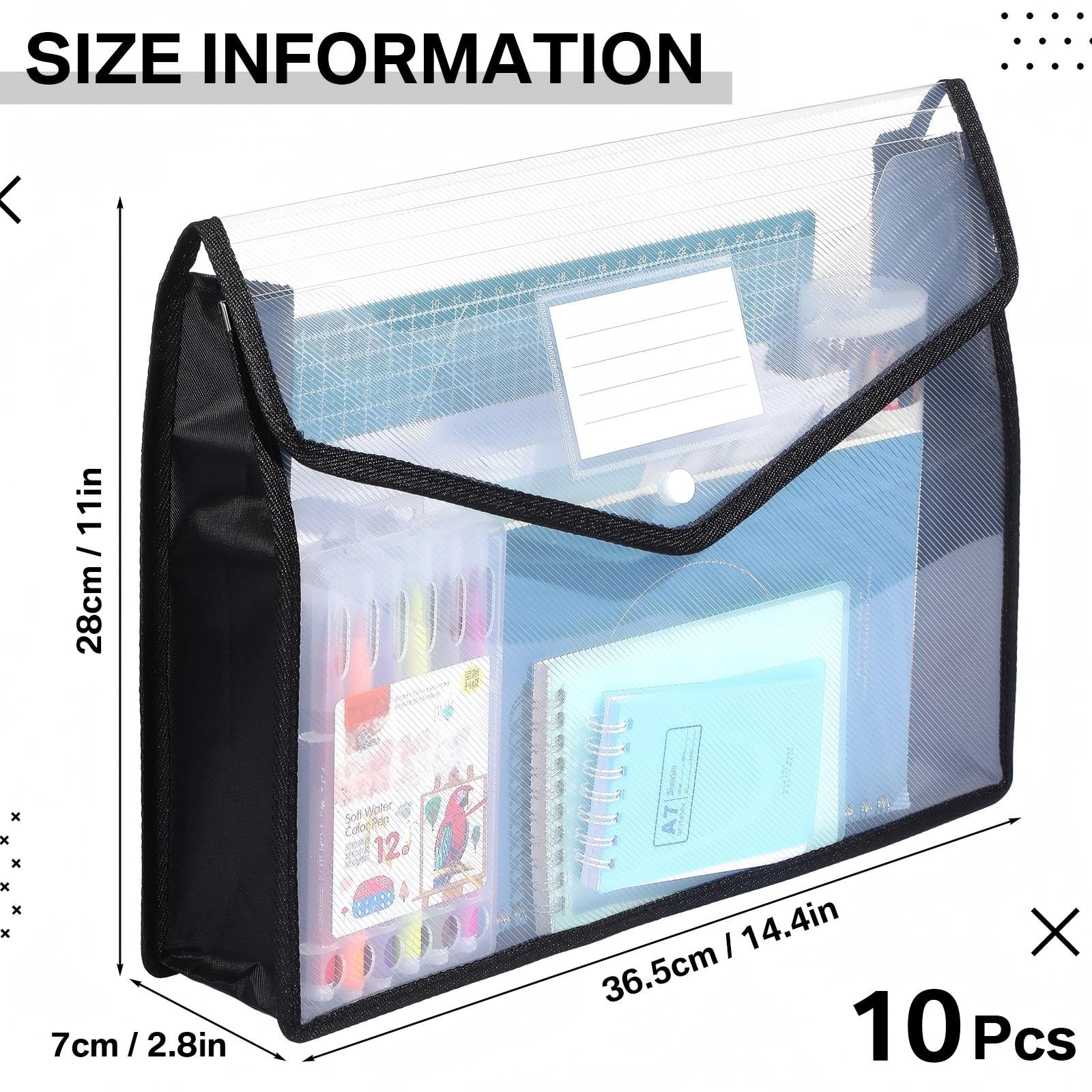 10 cartelle portadocumenti in plastica B4 espandibili per documenti, con chiusura a scatto e tasca, impermeabile, trasparente, per scuola, ufficio, casa, colore: nero