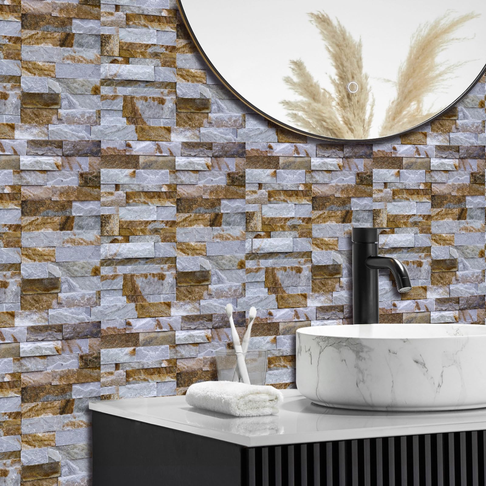 Piastrelle Adesive Cucina Marrone Bianco Pietra Mattone Modello Pavimento pvc Adesivo Mobili Decorazioni Piastrelle Adesive Bagno Impermeabile Resistenza all'olio Mattonelle Adesive