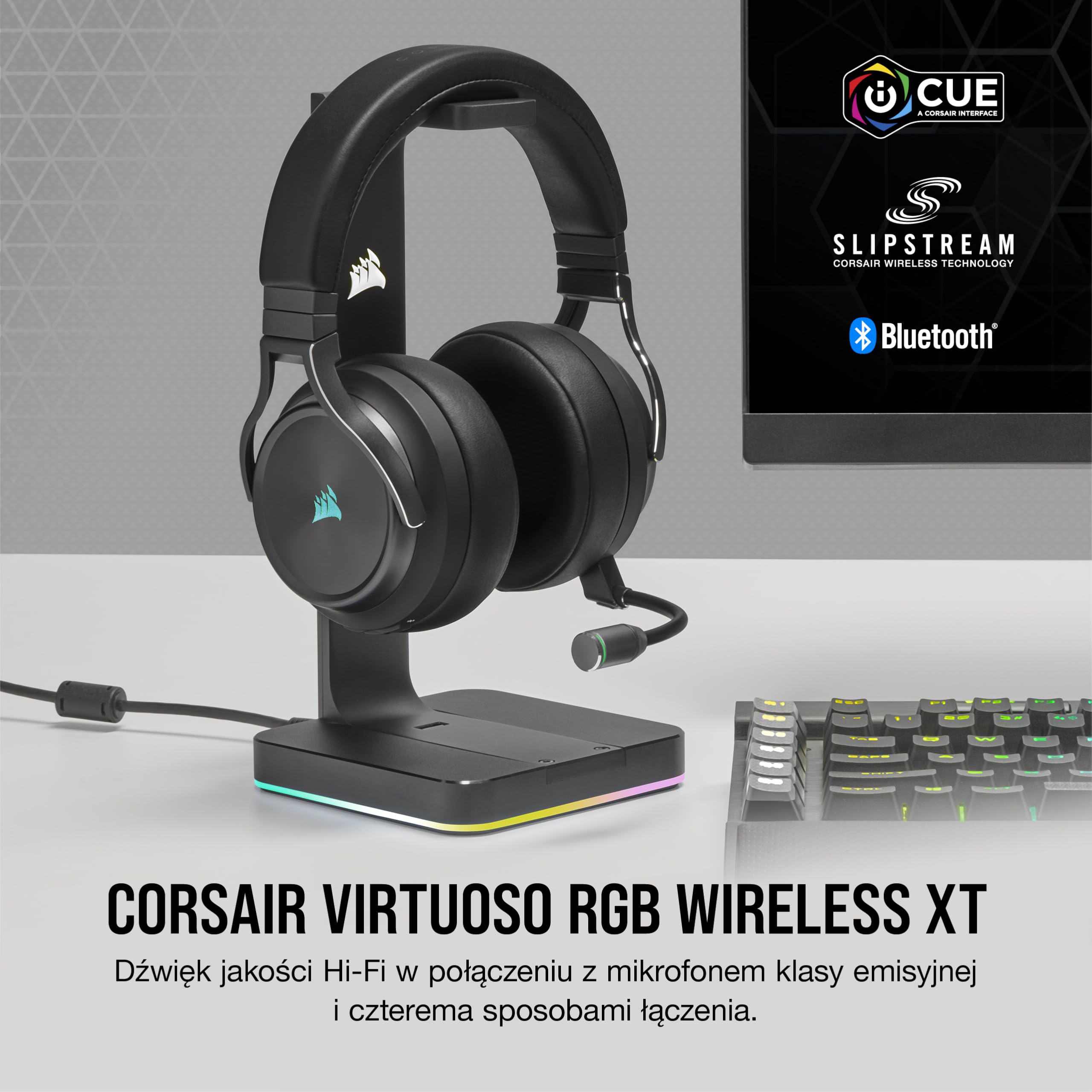 CORSAIR VIRTUOSO RGB WIRELESS XT Wieloplatformowy zestaw Bluetooth słuchawkowy, Dolby Atmos, mikrofon wysokiej jakości, kompatybilny z iCUE - PC, Mac, PS5, PS4, Nintendo Switch, mobilny - Czarny
