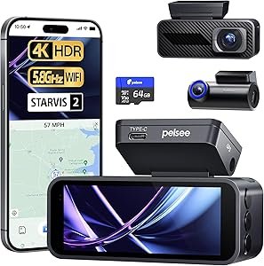 Pelsee P1 Pro 4K Dash Cam Front and Rear, STARVIS 2 Sensor, 64GB Card, Dual Dash Camera for Cars with Full-Color Night Vision, HDR WDR, ADAS, GPS, WiFi & Voice Control, 24H Parking Mode, 3.39