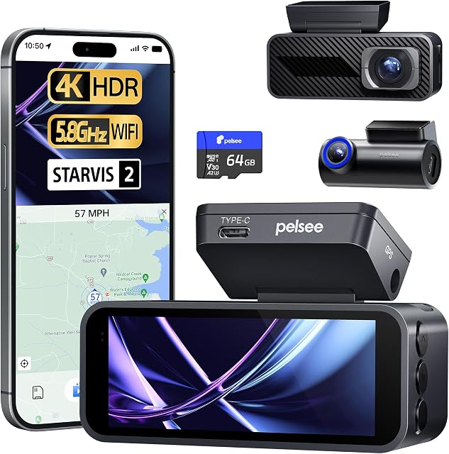 Pelsee P1 Pro 4K Dash Cam Front and Rear, STARVIS 2 Sensor, 64GB Card, Dual Dash Camera for Cars with Full-Color Night Vision, HDR WDR, ADAS, GPS, WiFi & Voice Control, 24H Parking Mode, 3.39" Screen