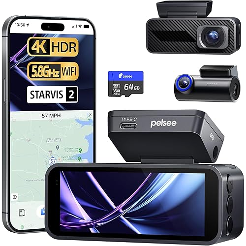 Pelsee P1 Pro 4K Dash Cam Front and Rear, STARVIS 2 Sensor, 64GB Card, Dual Dash Camera for Cars with Full-Color Night Vision, HDR WDR, ADAS, GPS, WiFi & Voice Control, 24H Parking Mode, 3.39" Screen