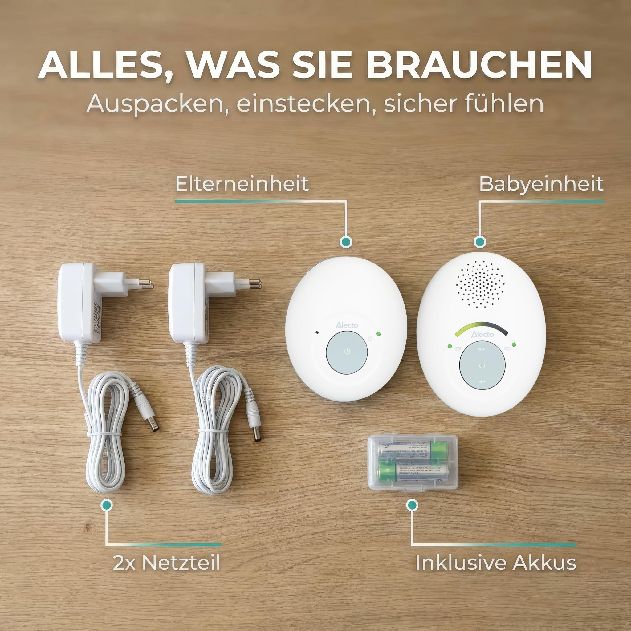 Alecto DBX110 - Audio Babyphone - Babyfon - Baby Phone | DECT - 300 m Reichweite - kompakt - LED Lautstärkeskala - VOX Funktion - strahlungsarm - weiß