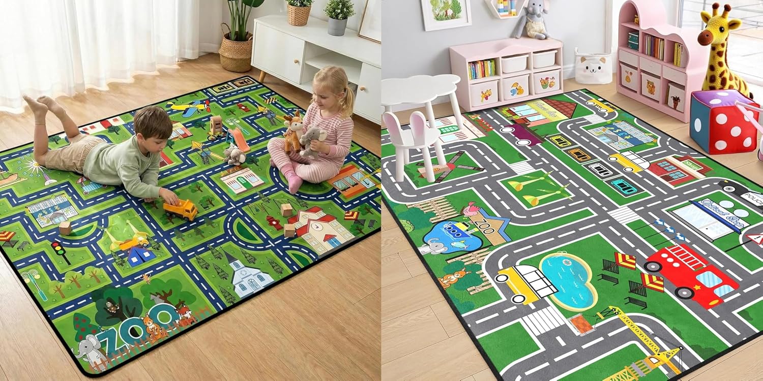 2.5x4 Feet Kids Car Rug Play Mat+2. 5x4 Feet Road Map Carpet for Kids