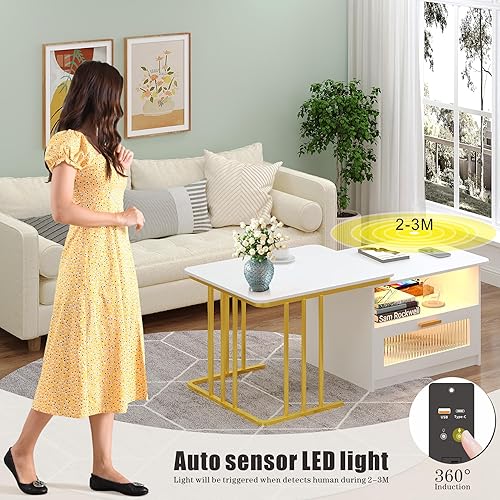 Miniatura 4 de Mesas de centro para sala de estar con luces, mesa central con estación de carga, sensor automático, mesa de centro LED de 3 colores, mesa de centro