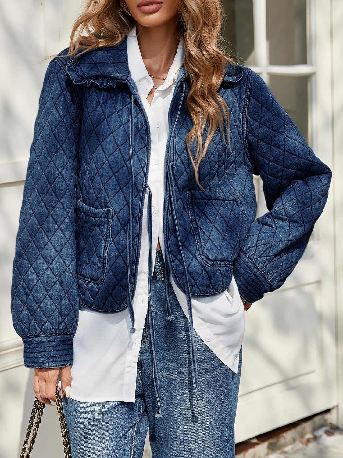 Tankaneo Womens Quilted Denim Puffer Jackets Tie Front Bow Cropped Puffy Jackets Fall Cute Short Jeans Coat - Image 5