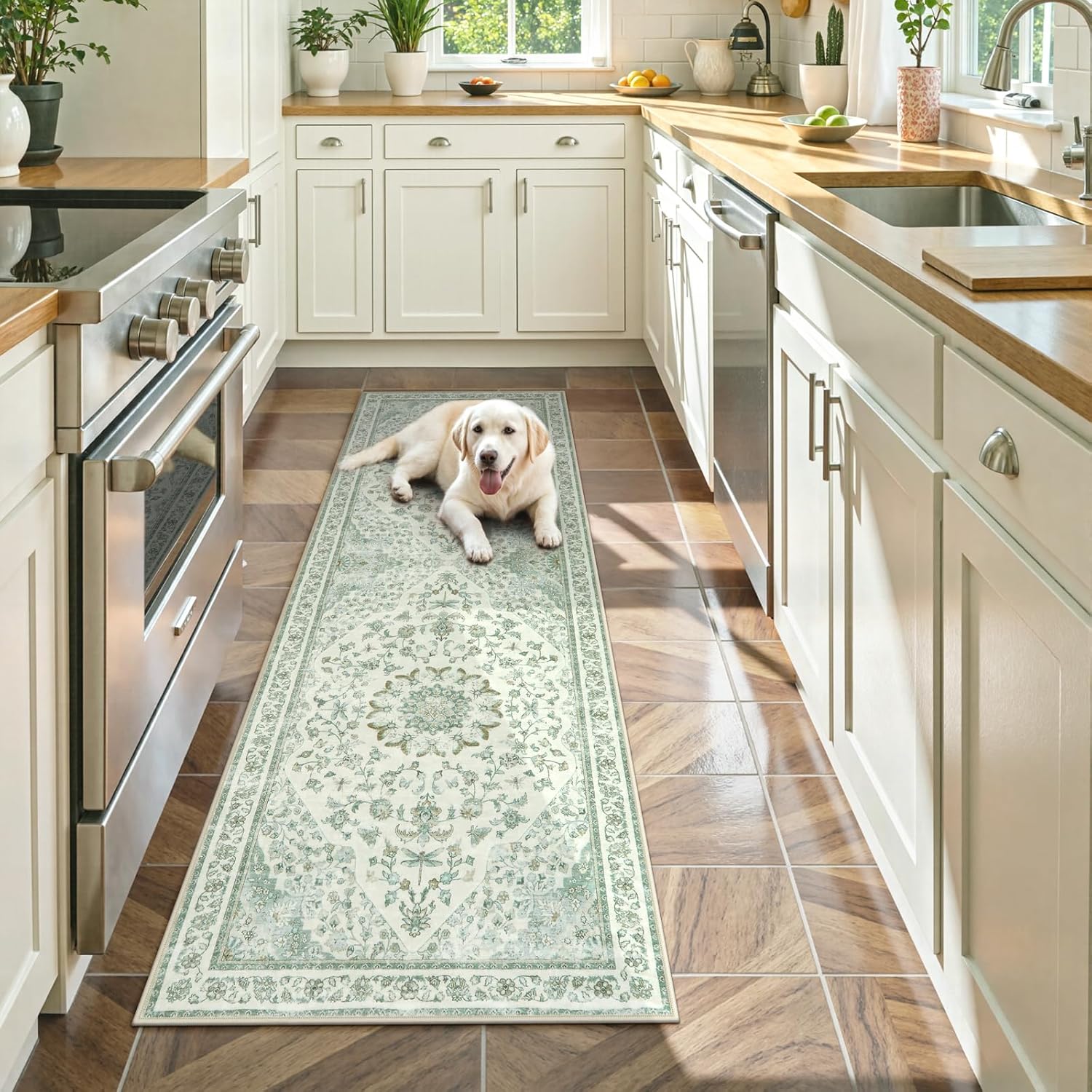 Moynesa Vintage Washable Green Runner Rug for Hallway 2x6, Retro Farmhouse Runner for Entryway Kitchen Bathroom Bedroom, Low Pile Soft Non-Slip Accent Carpets for Indoor Nursery