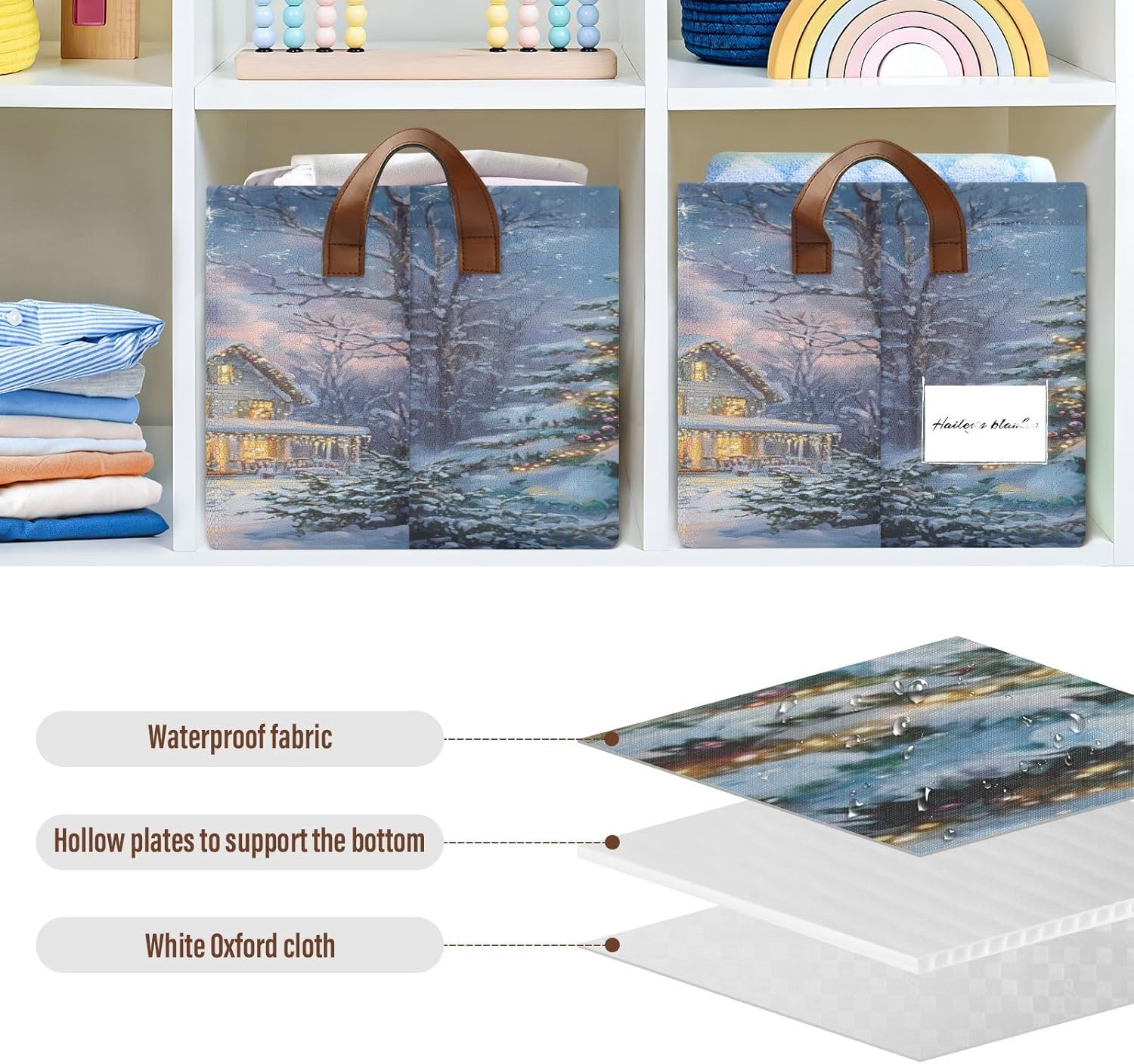 Snow Christmas Tree 2 Pack Fabric Storage Bins for Shelves Collapsible Cube Storage Bin Basket Storage Cubes with Handle Under The Bed Storage Bins for Office Closet Home Clothes