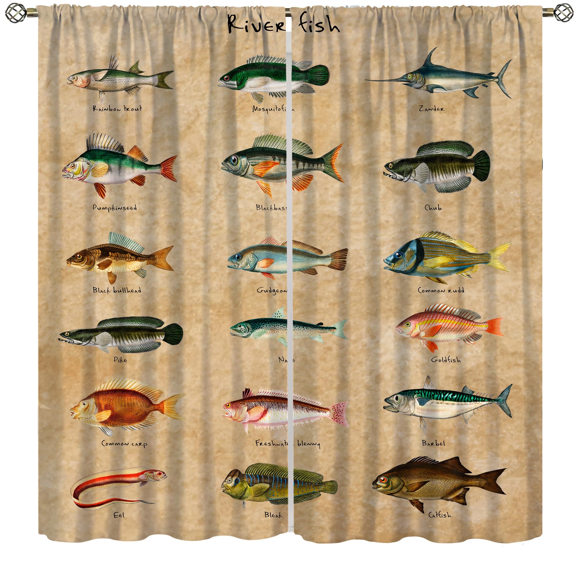 Rideau vintage tissu motif poisson rustique chambre salon 106x160
