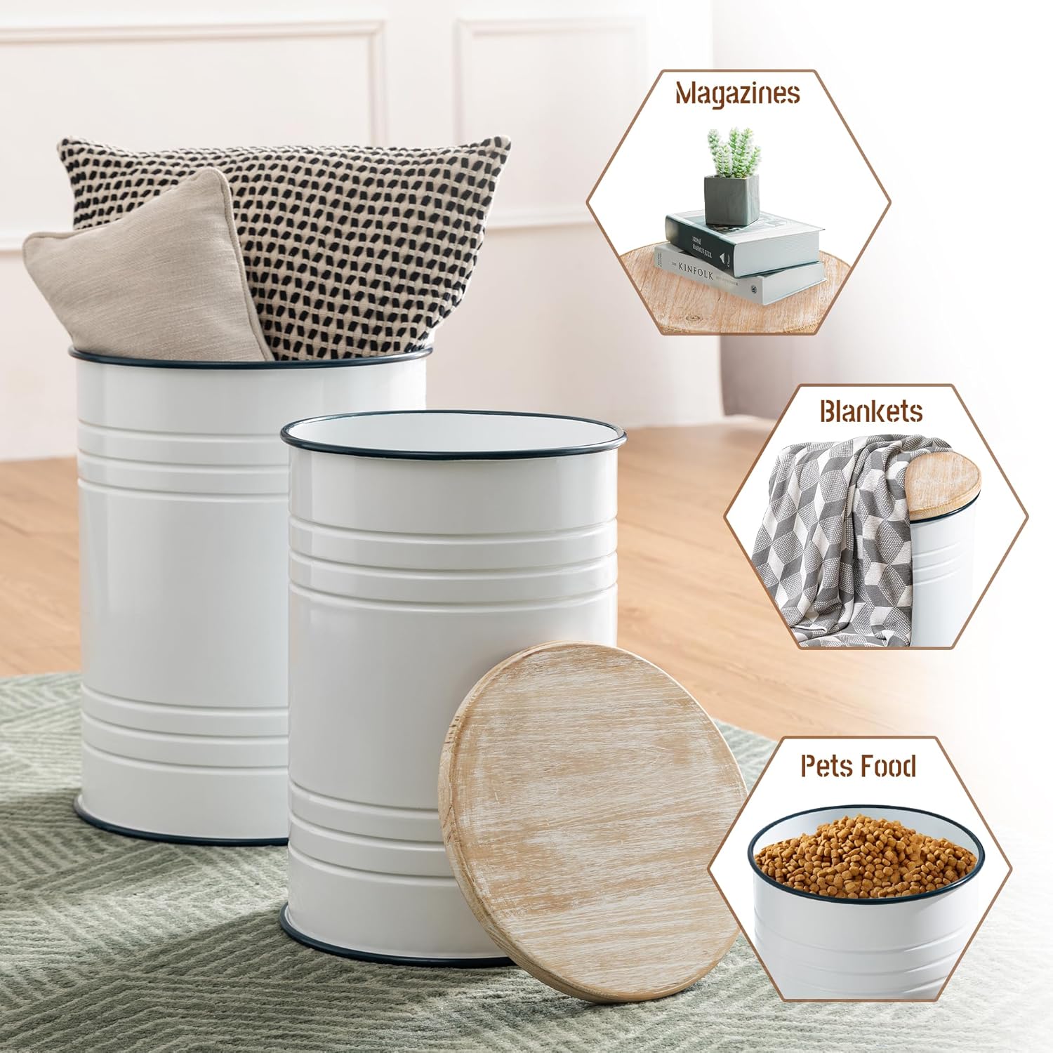 Glitzhome Rustic Storage Ottoman Seat Stool, Farmhouse End Table, Galvanized Dark Blue Rim Imitation Enamel Accent Side Table Toy Box Bin with Round Wood Lid for Living Room, Set of 2, White