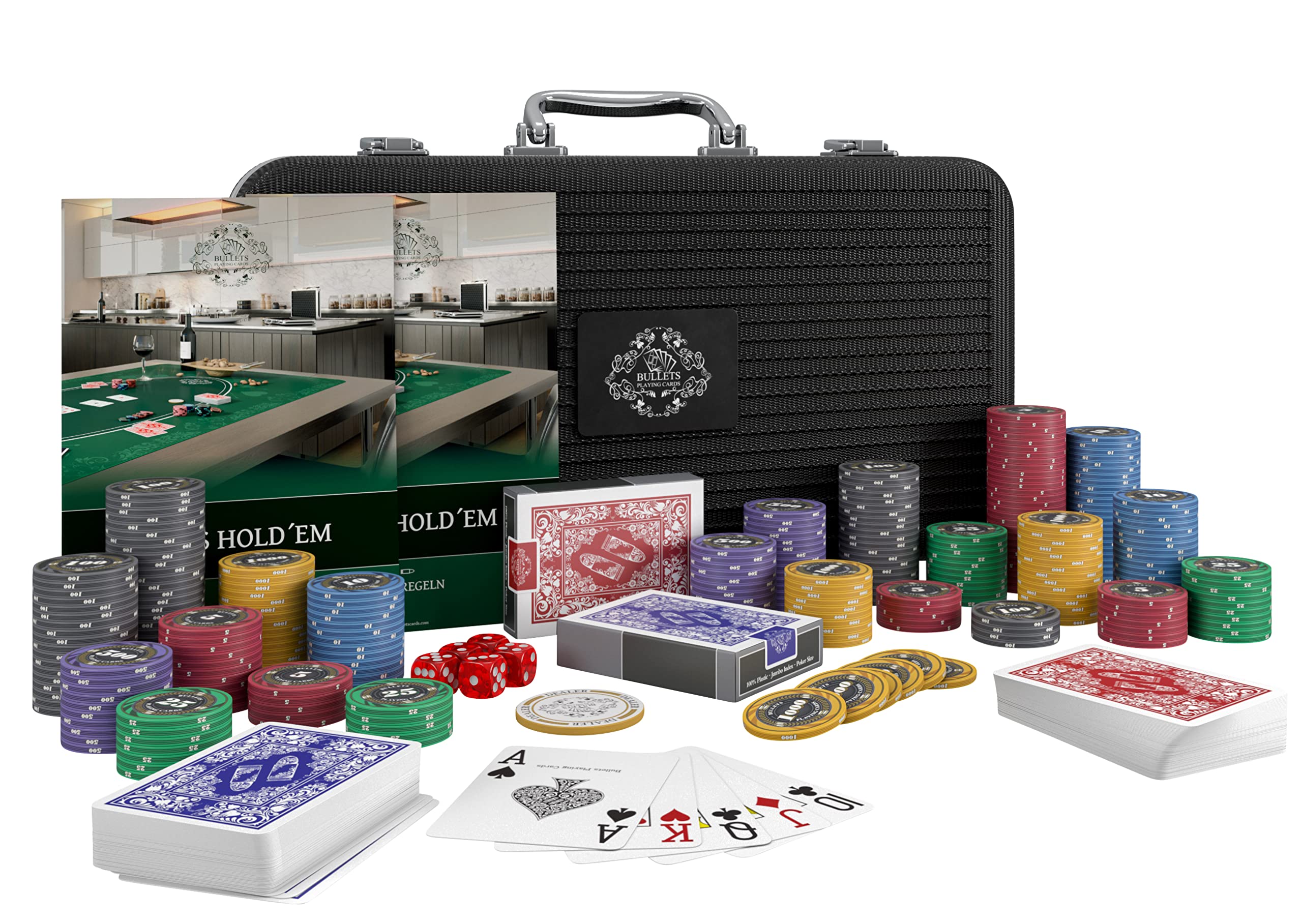 Bullets Playing Cards | Pokerkoffer „Silvio“ mit 300 Keramik Pokerchips 10g | Pokerset mit Karten, Würfeln, Dealer Button & Pokerregeln