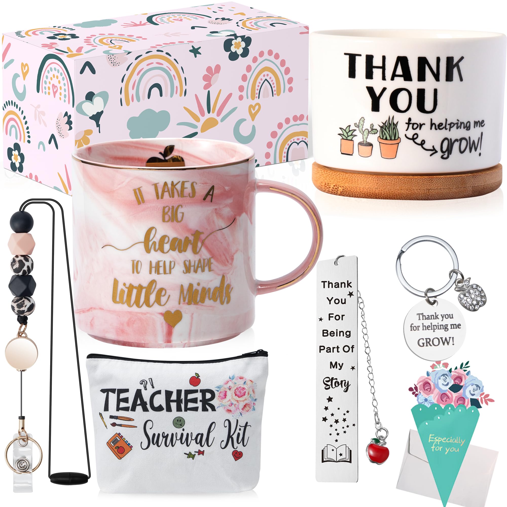 Teacher Appreciation Gift Sets from Student - Thank You for Helping Me Grow Teachers' Day Gifts Basket for Women Graduation Back to School Daycare Preschool Positive Crochet Pot Doll with Card