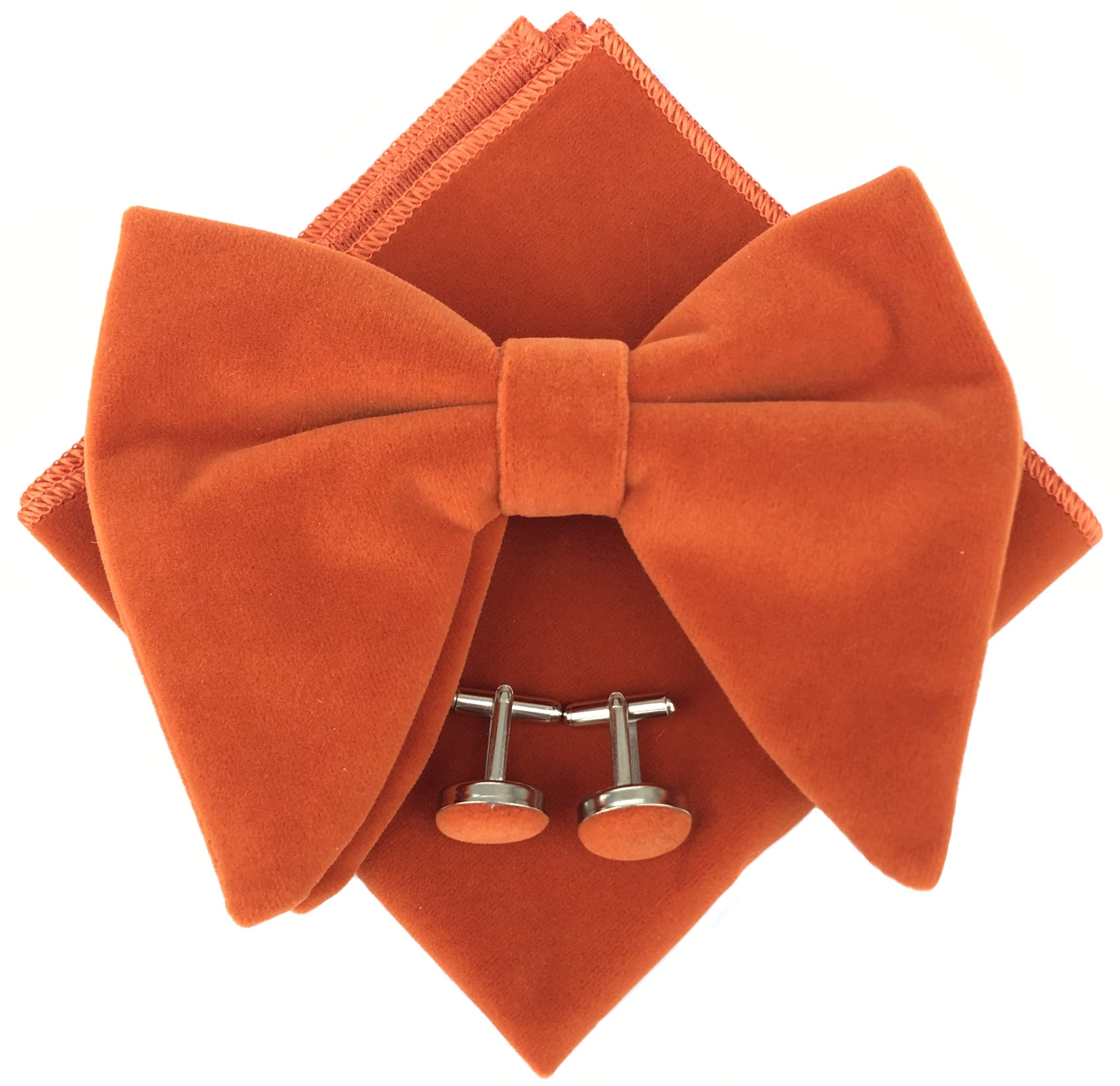 Justar Men's Orange Pre-Tied Oversized Velvet Bow Tie Tuxedo Handkerchief Bowtie Cufflinks Pocket Square Gift Set For Wedding (Orange)