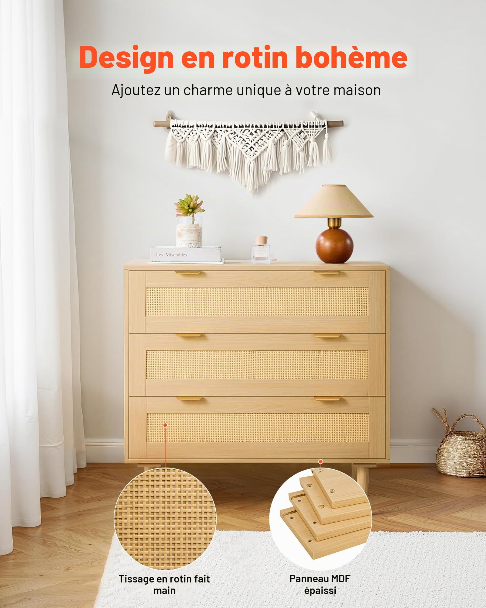 VEVOR Commode en rotin à 3 tiroirs, meuble de rangement avec poignées en métal et pieds en bois, organisateur de vêtements et rangement bohème en bois, armoire pour chambre à coucher, salon ou couloir