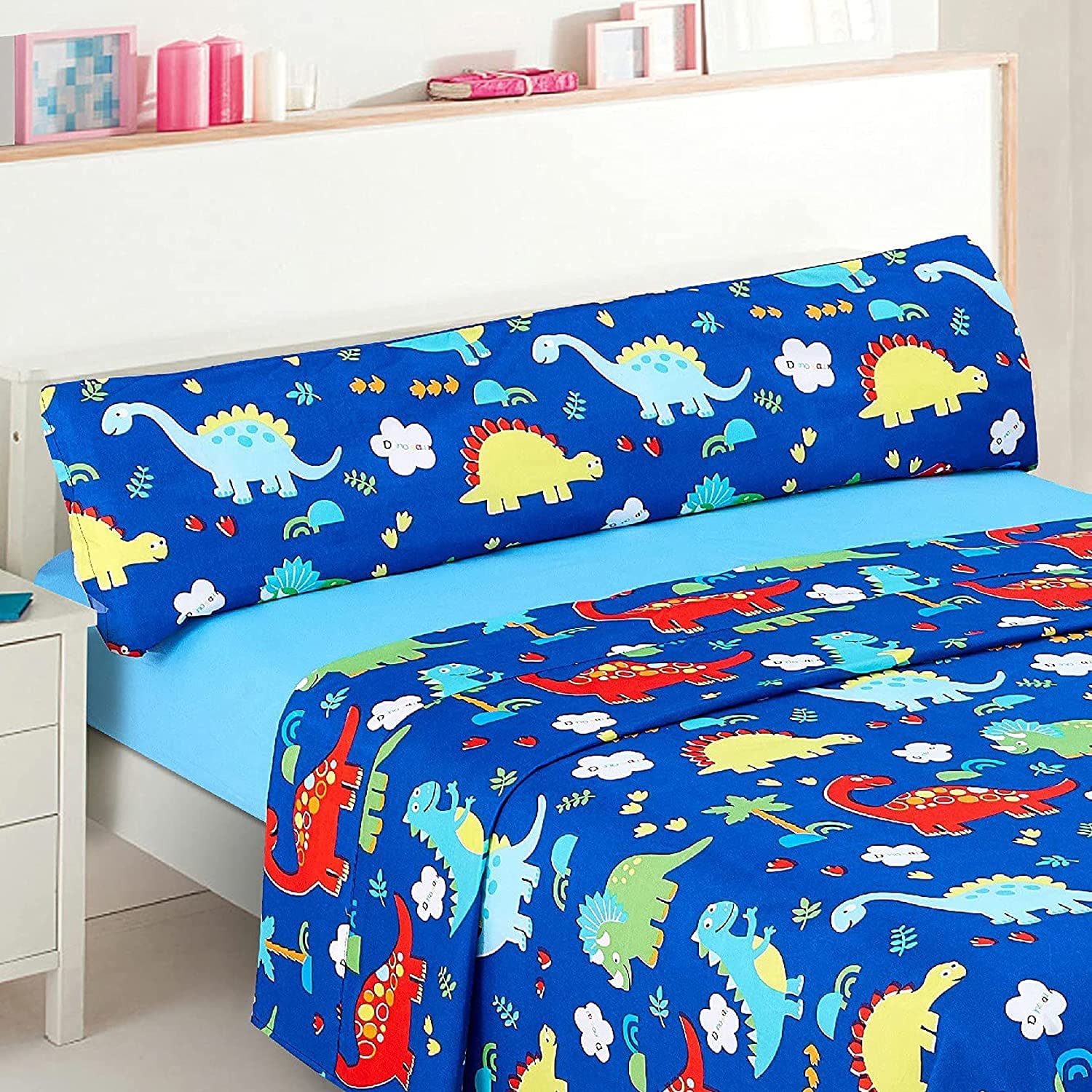 Dalina Textil Juego de Sábanas Infantil para Cama 3 Piezas - 1 Sábanas Bajera Ajustable Cama 105cm con Encimera 175x260cm y 1 Funda de Almohada Larga (Cama de 105x190-200cm Dinosaurio Azul)