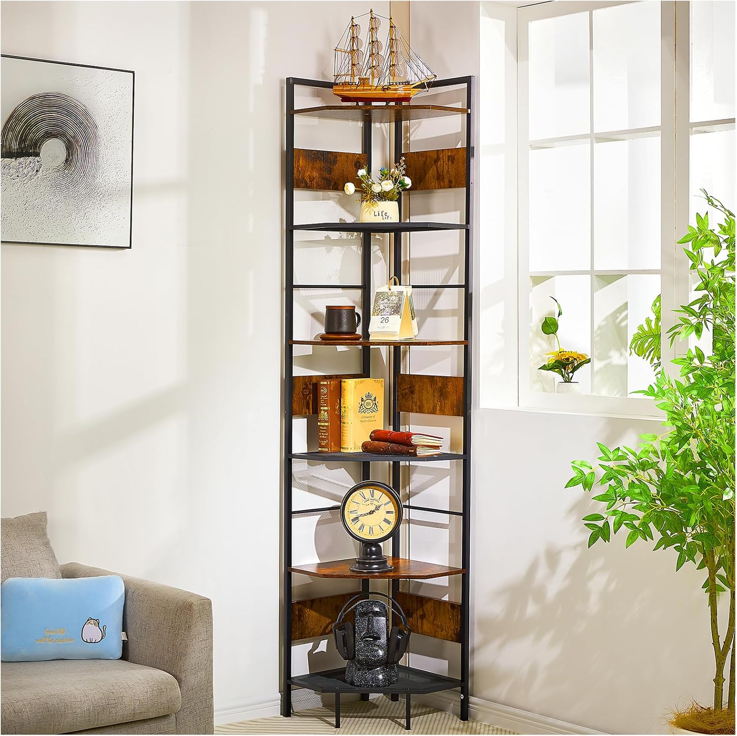MAWEW Tall Corner Shelf, 6 Tier Rustic Corner Bookshelf, 78.7 inch Corner Cabinet, Display Corner Organizer, Ironwood Vintage Industrial Storage, Corner Display Shelf for Office, Living Room