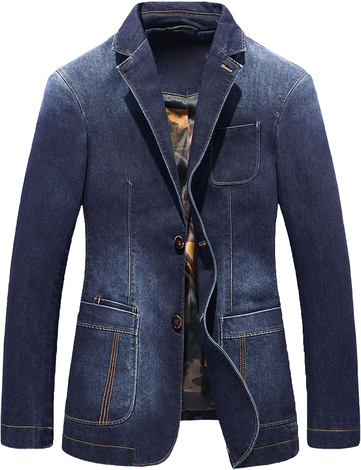 Men's Classic Denim Blazer Jacket Notched Collar 2 Button Sport Jackets Slim Lapel Washed Denim Suit Coat