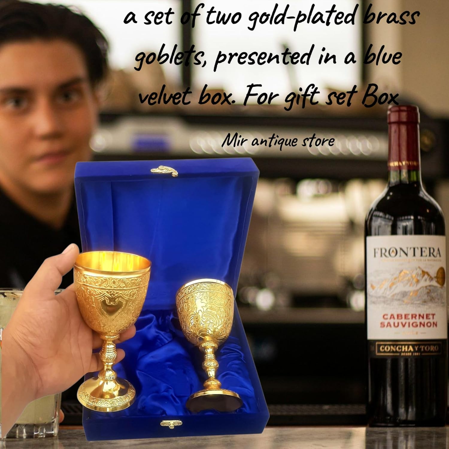 Embossed Brass Wine Goblet Set of 2 – Vintage Medieval Chalices, Royal Renaissance Cups, Home Bar Decor, Handmade Collectible Wine Glasses with Velvet Gift Box