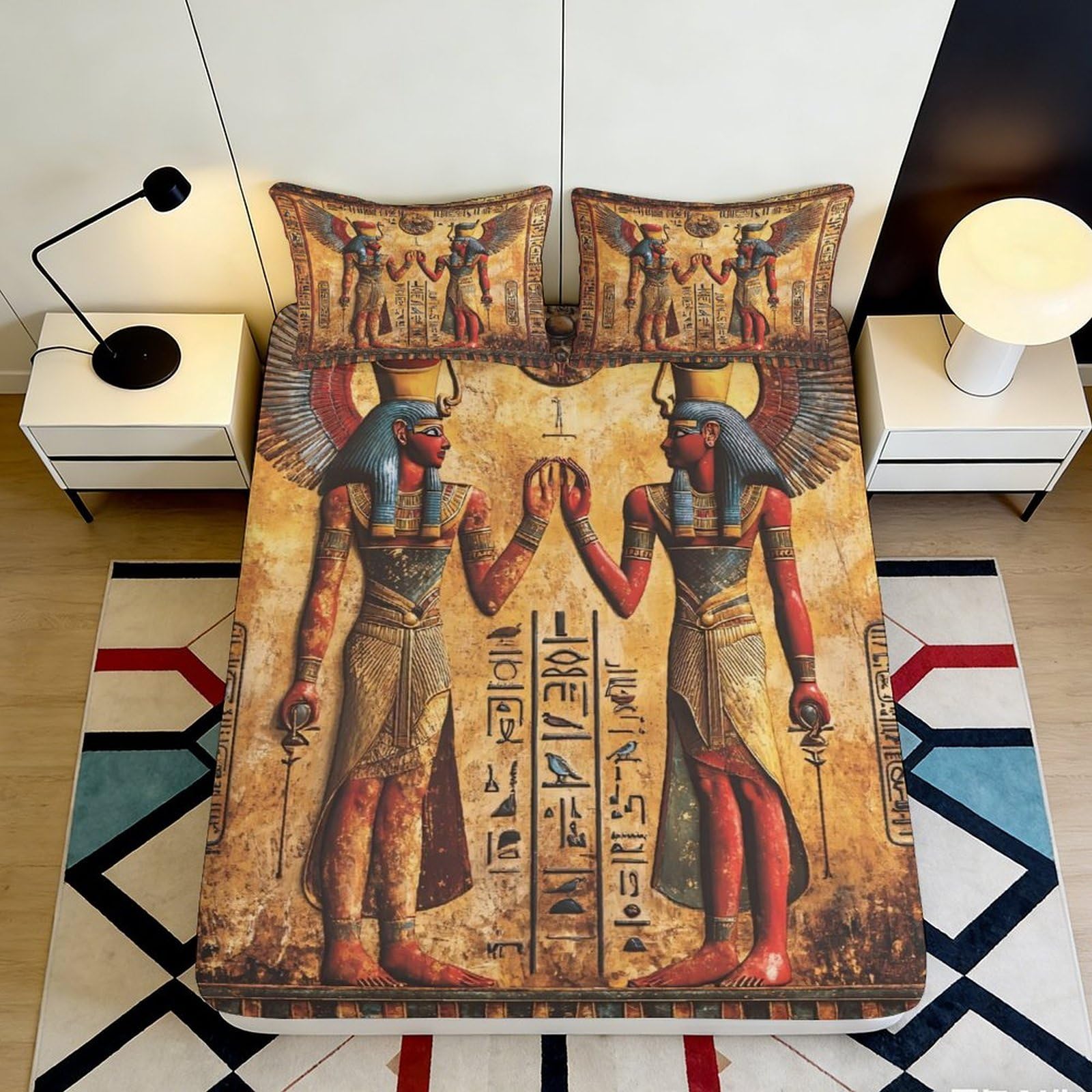 3D Printed Egyptian Pharaoh Fitted Sheet Microfiber Soft Breathable Ancient Hieroglyph Mattress Cover Bedroom Decor 90x200x25cm